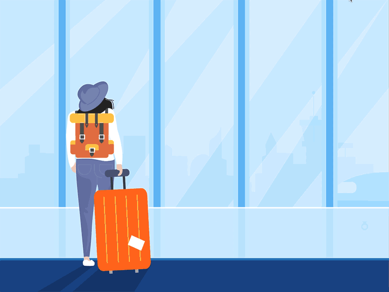 woman waiting in airport watching planes land animation