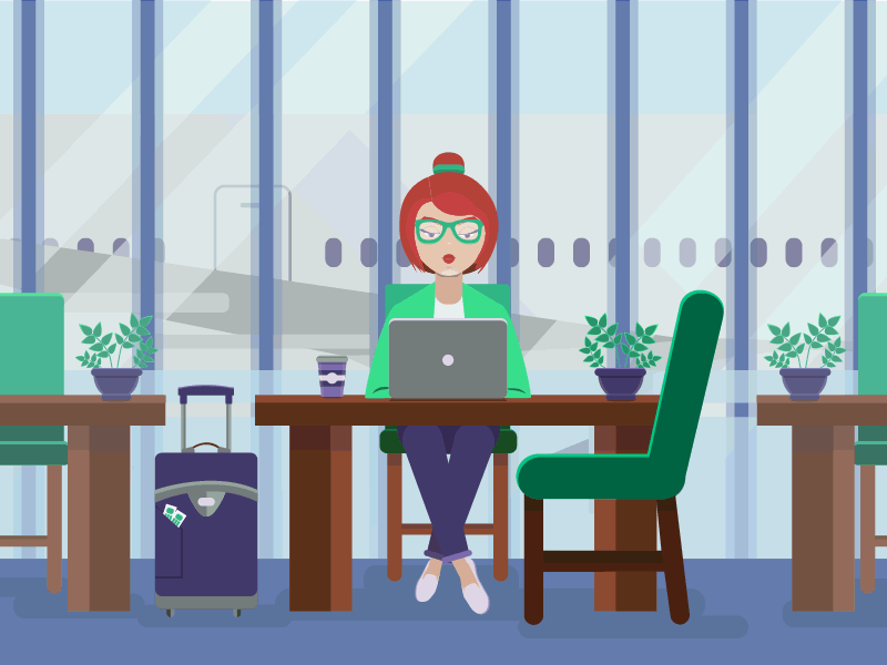 woman blogging in airport with airplans passing by animation