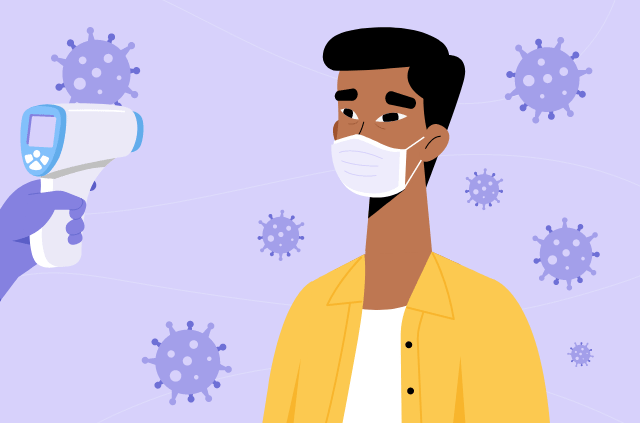checking temperature with thermometer and man with facemask animation